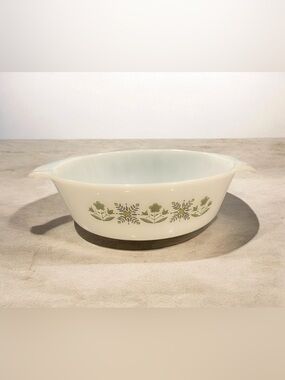 vintage 60s Fire King Ivory White banded bowl & "Meadow Green"casserole dish.